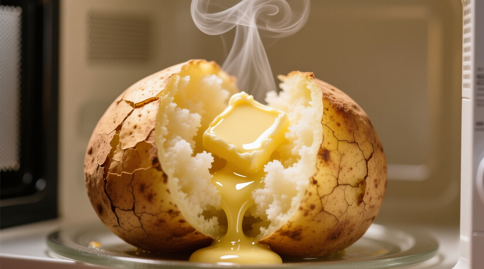 Fluffy microwave baked potato with butter melting on cut surface