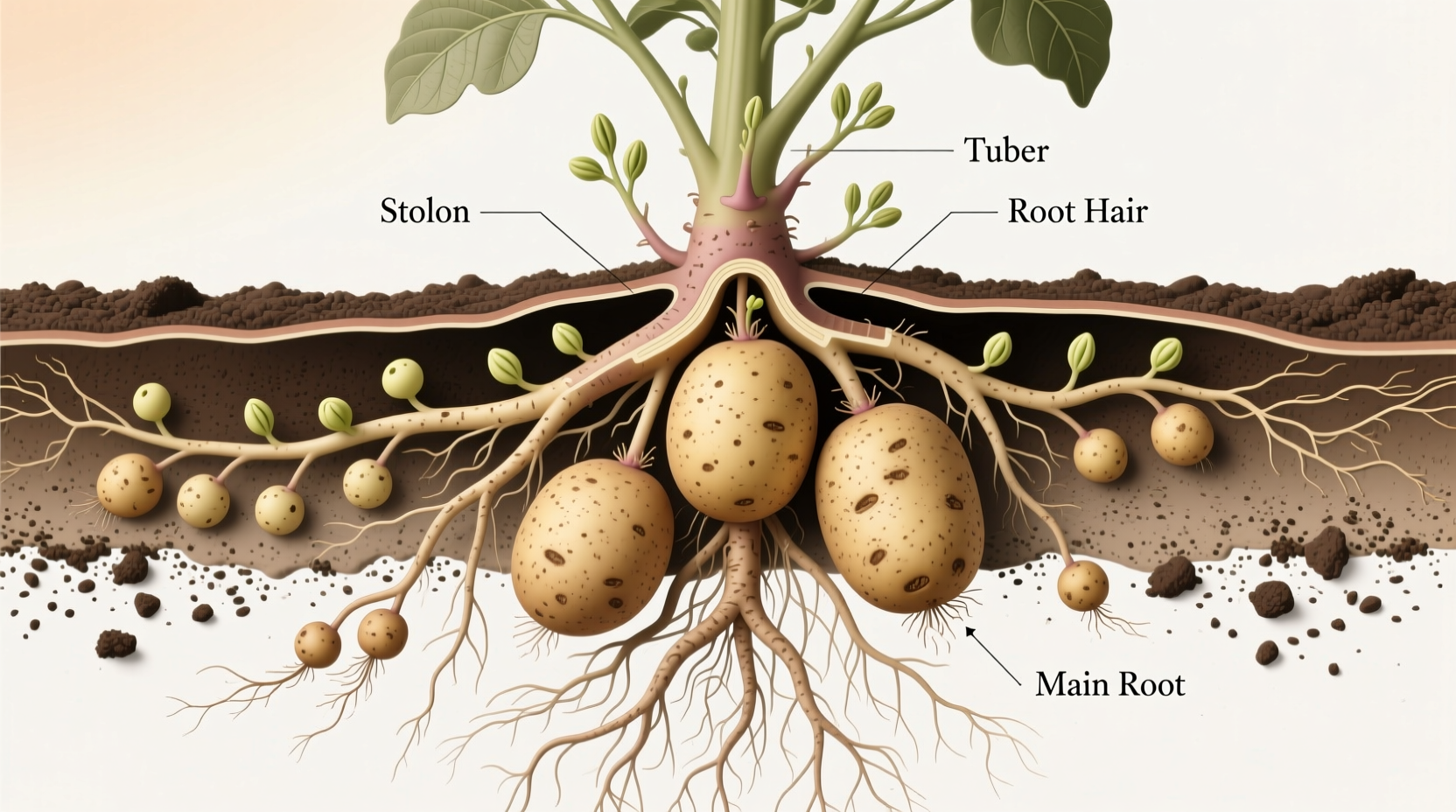 Potato plant cross-section showing tubers and root system