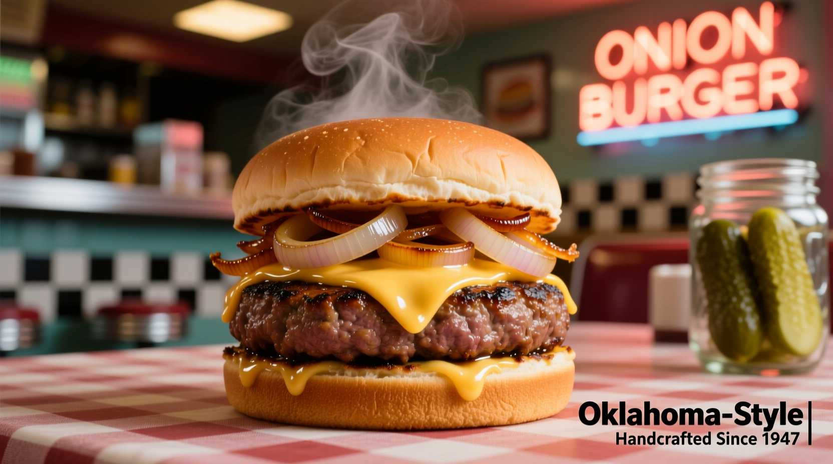Freshly cooked Oklahoma-style onion burger with melted cheese