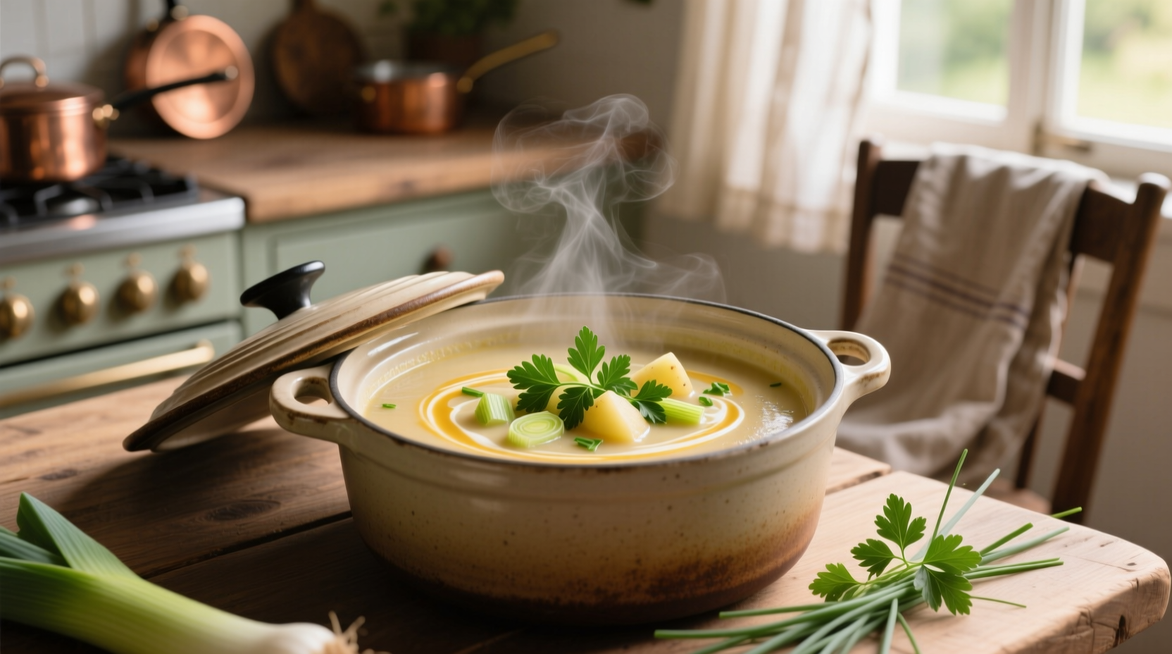 Creamy leek potato soup in crock pot with fresh herbs