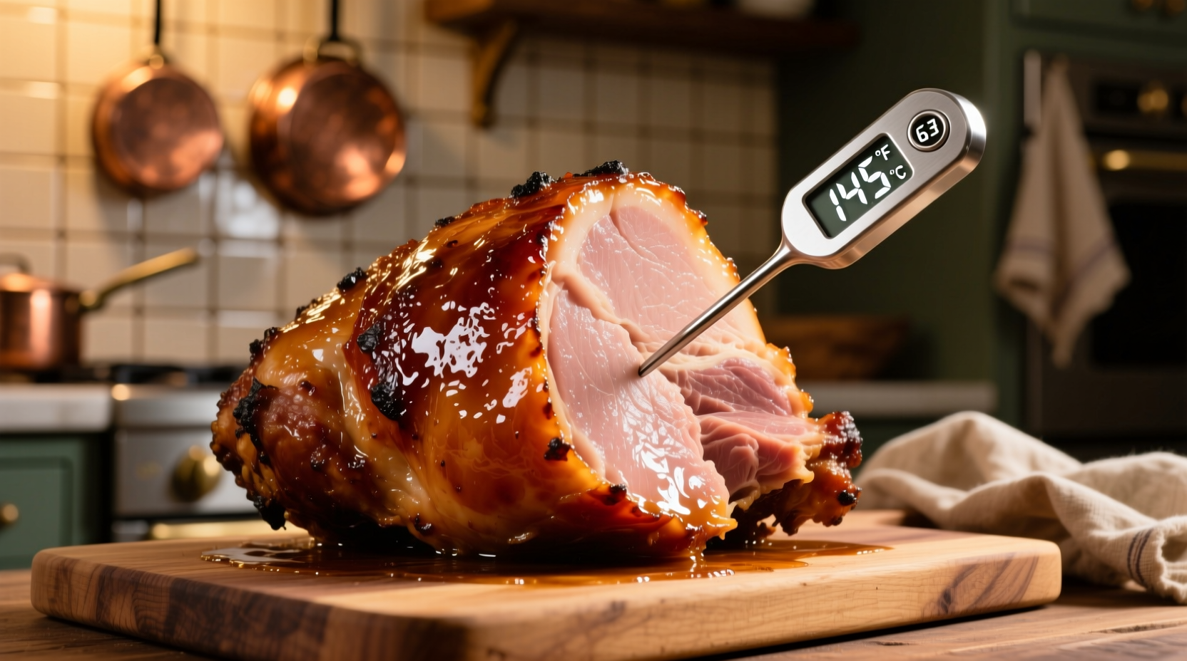 Perfectly cooked glazed ham with thermometer reading