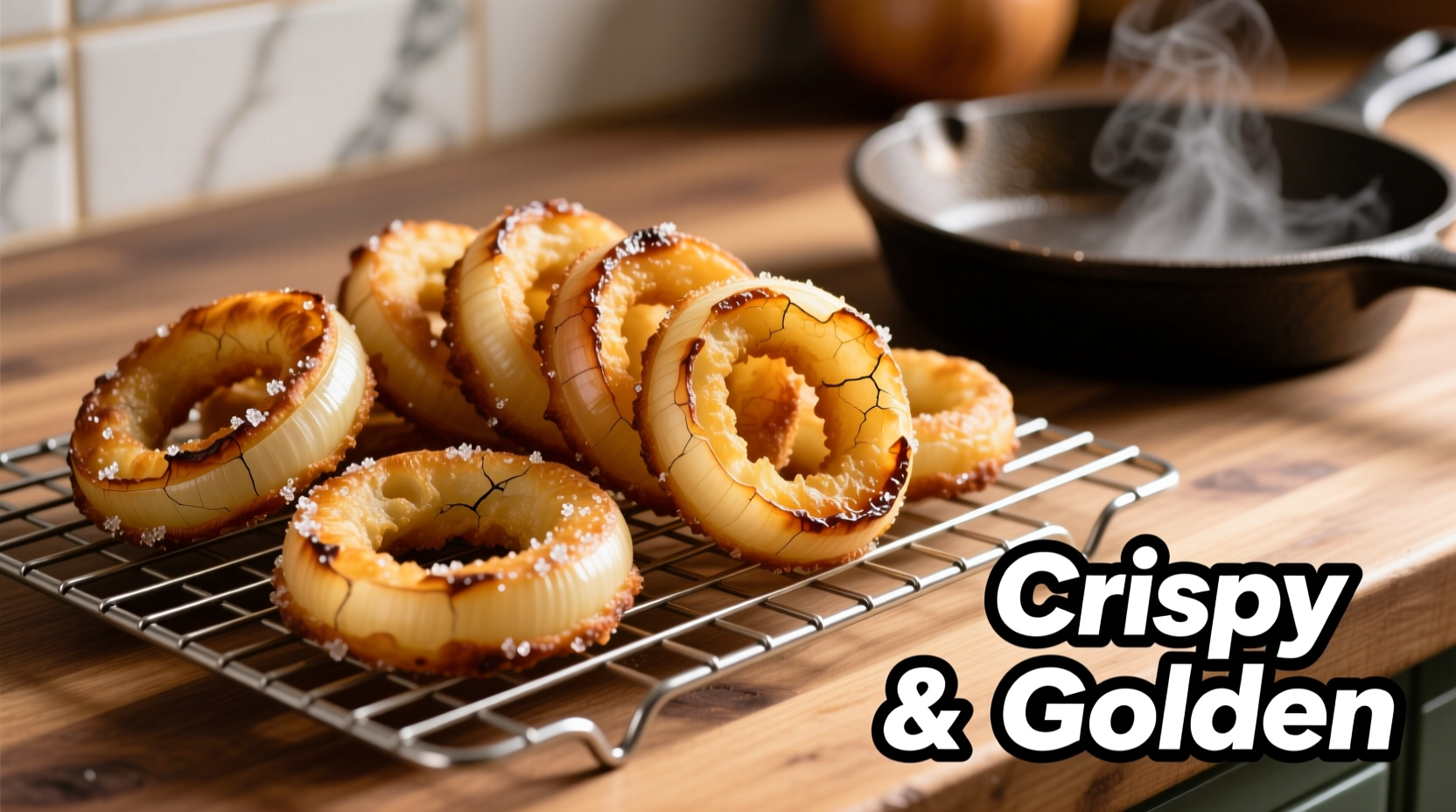 Golden brown oven-baked onion rings on wire rack