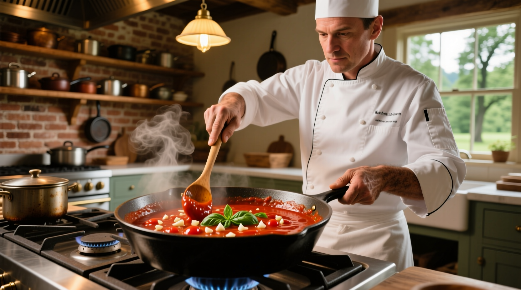 Chef stirring tomato sauce in cast iron pan