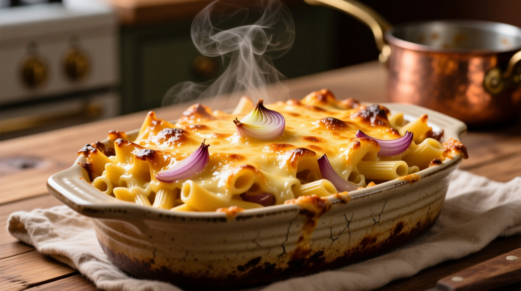 Golden French onion mac and cheese with bubbling cheese crust
