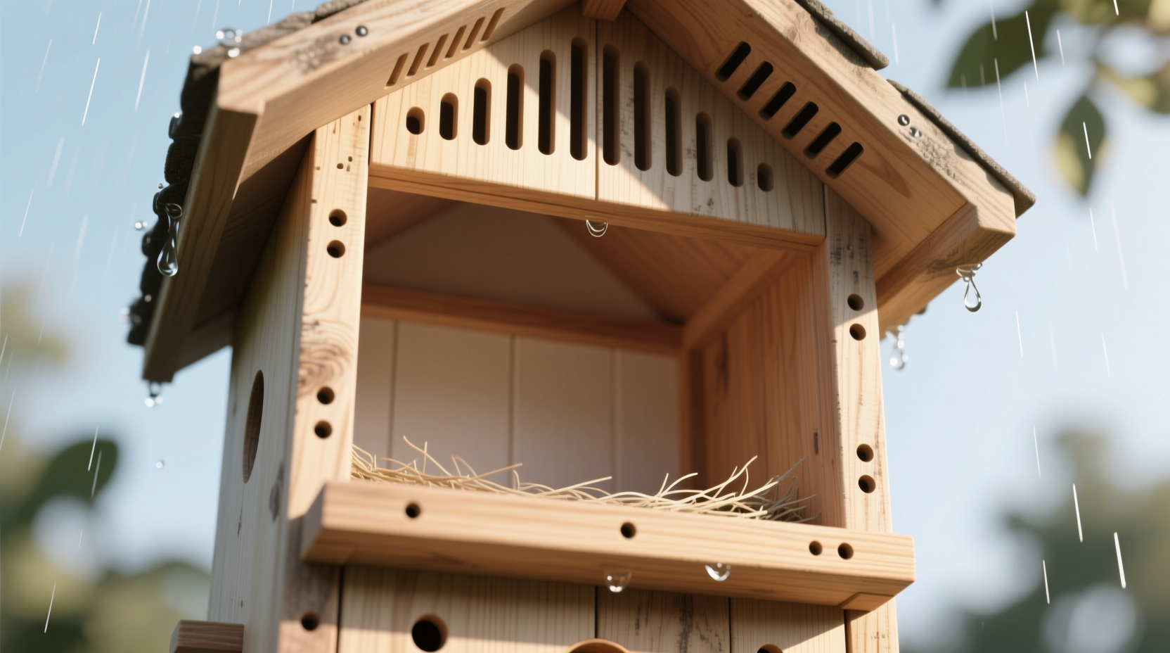 Bird house interior showing proper drainage and ventilation features
