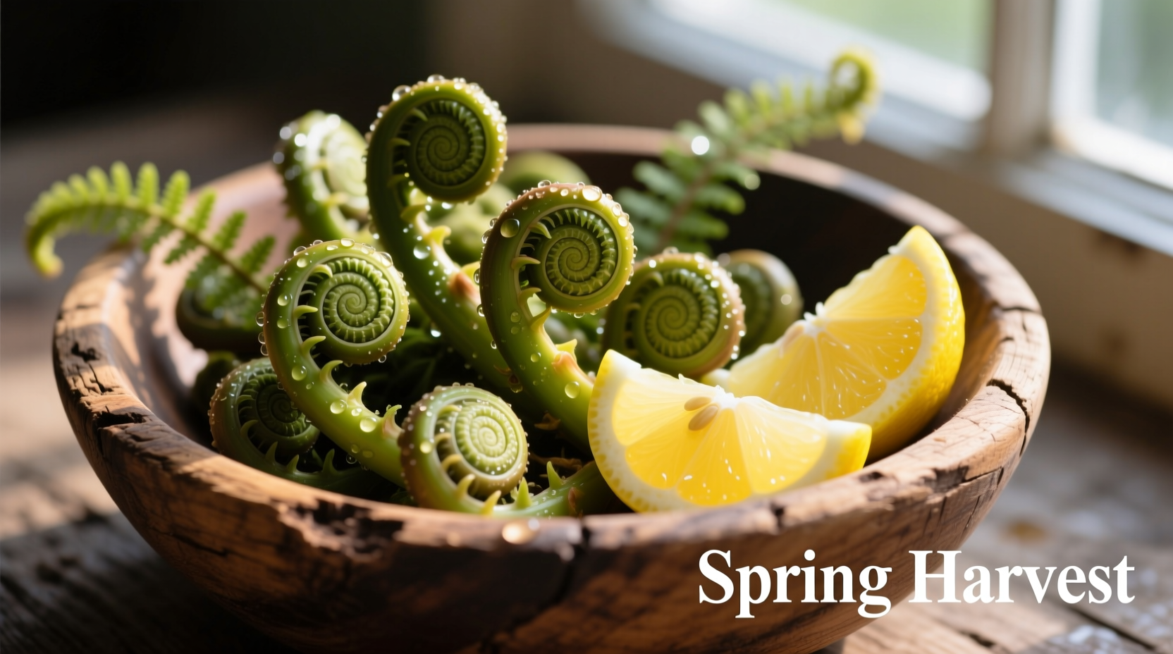 Freshly harvested fiddleheads in a wooden bowl with lemon wedges