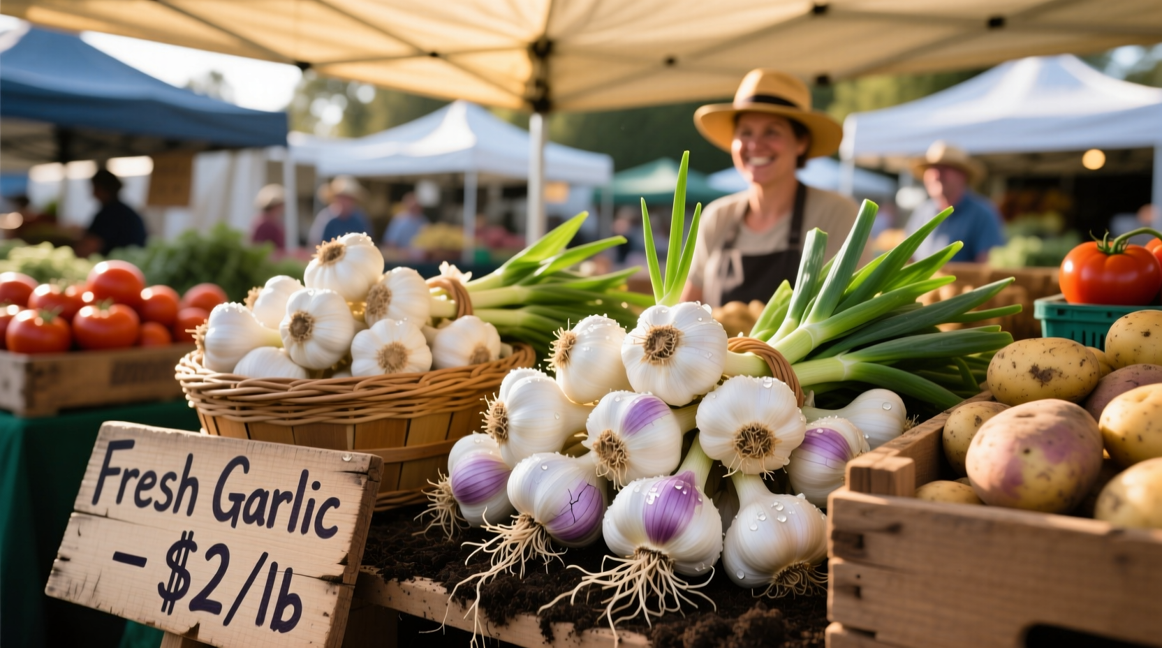 Freshly harvested garlic bulbs at Stockton farmers market