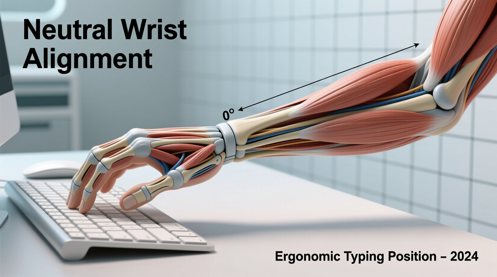 Side-view illustration showing correct neutral wrist alignment: forearm parallel to floor, hand straight from elbow to knuckles, keyboard tilted slightly downward, no wrist contact during typing