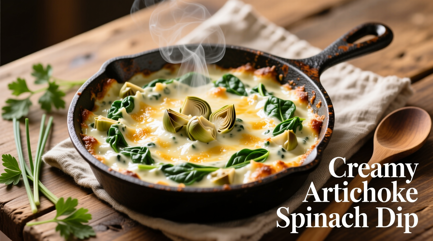 Creamy artichoke spinach dip in cast iron skillet