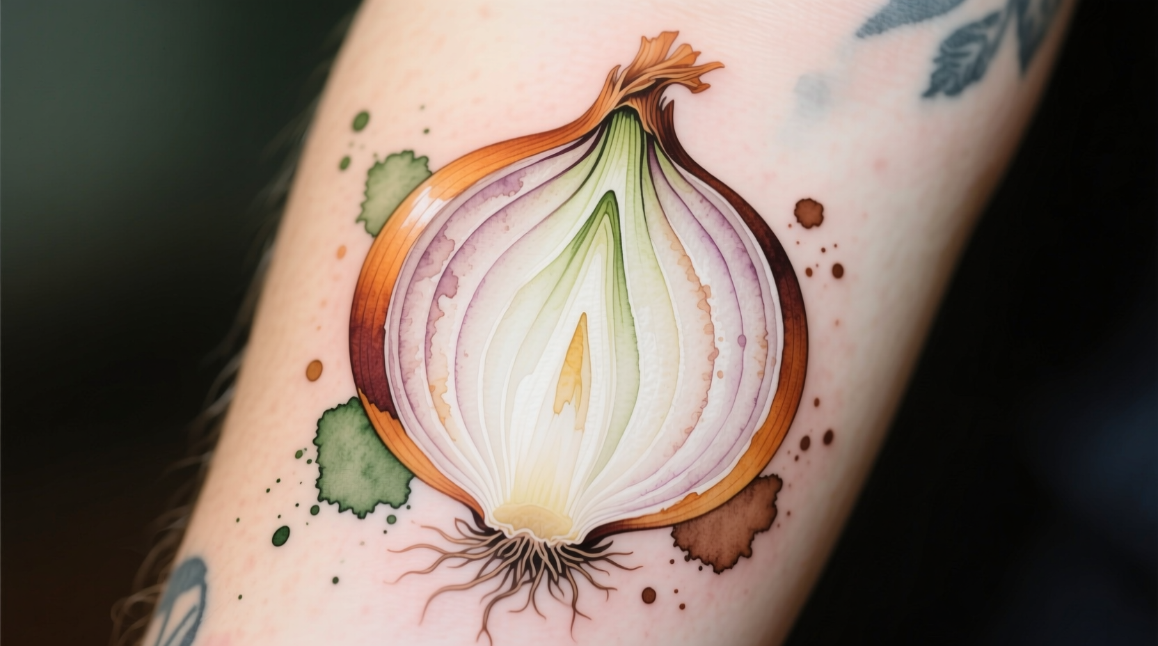 Detailed onion tattoo design with visible layers and watercolor effects