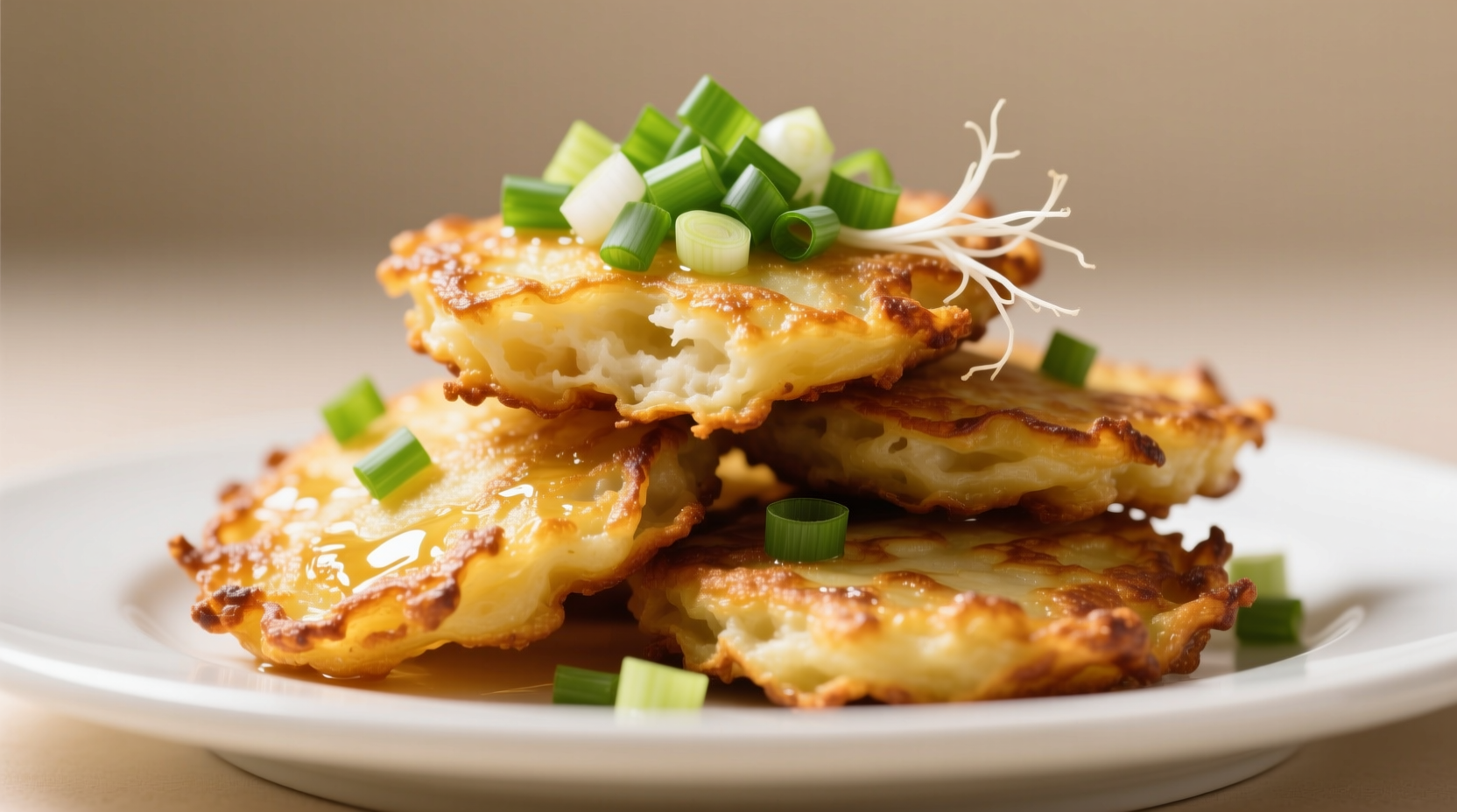 Golden fried potato cakes on a white plate with scallions