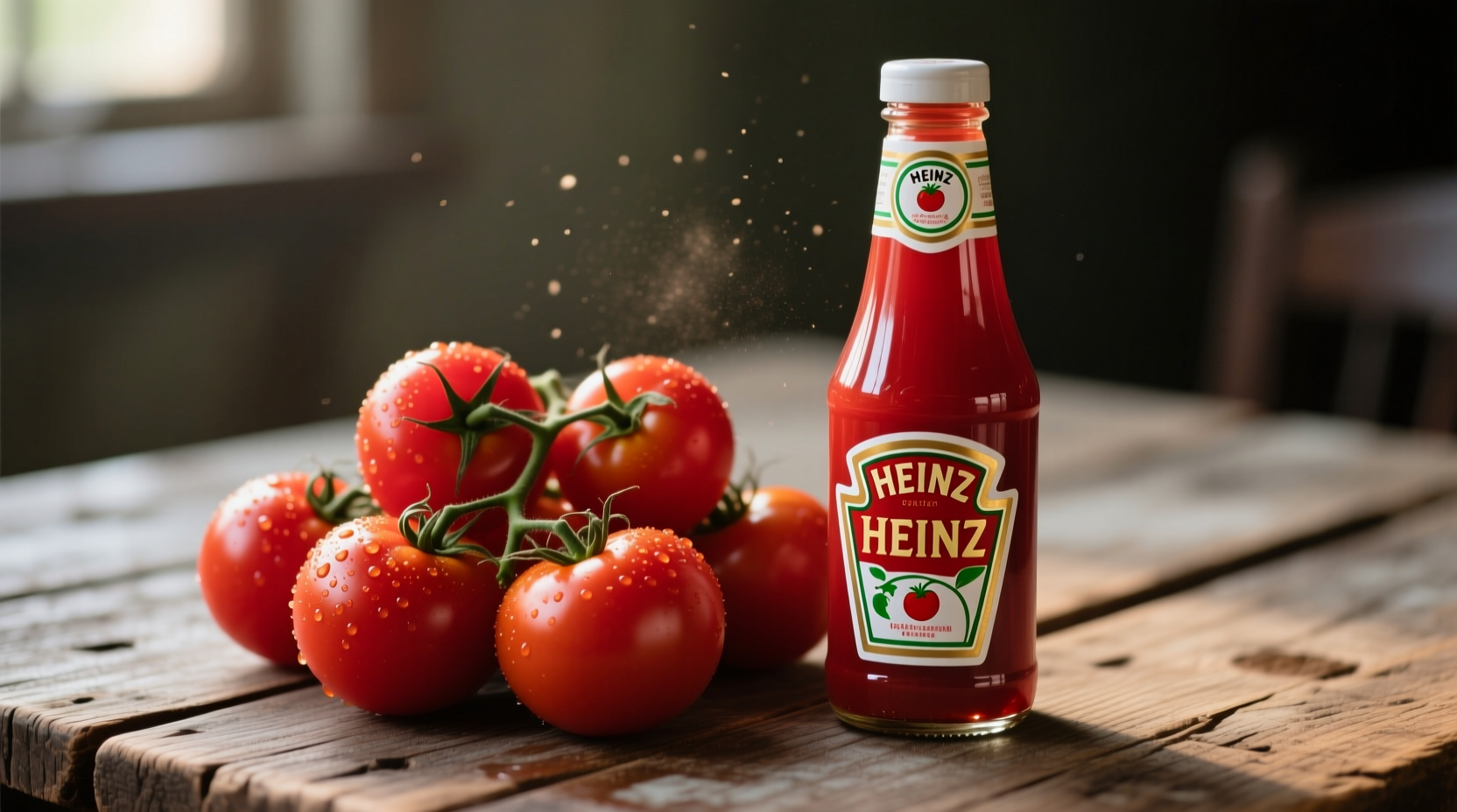 Heinz tomato ketchup bottle next to fresh tomatoes