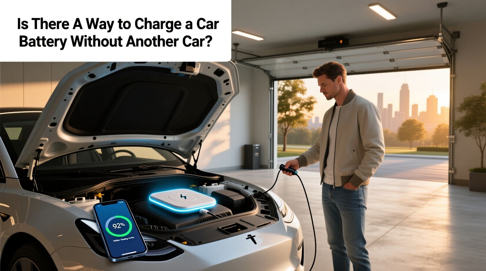 Compact wireless-style car battery charger with magnetic housing and USB ports