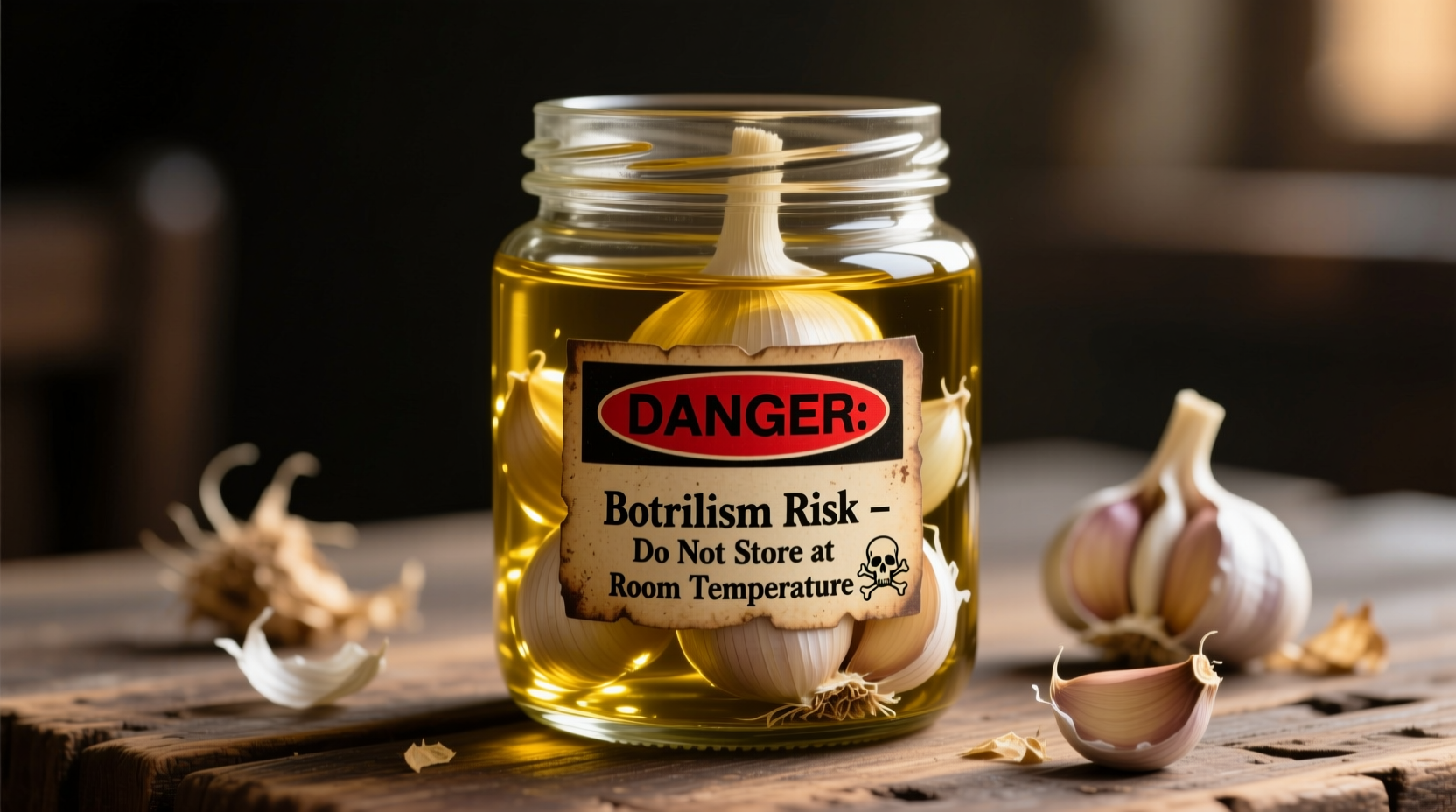 Garlic cloves submerged in oil with warning label