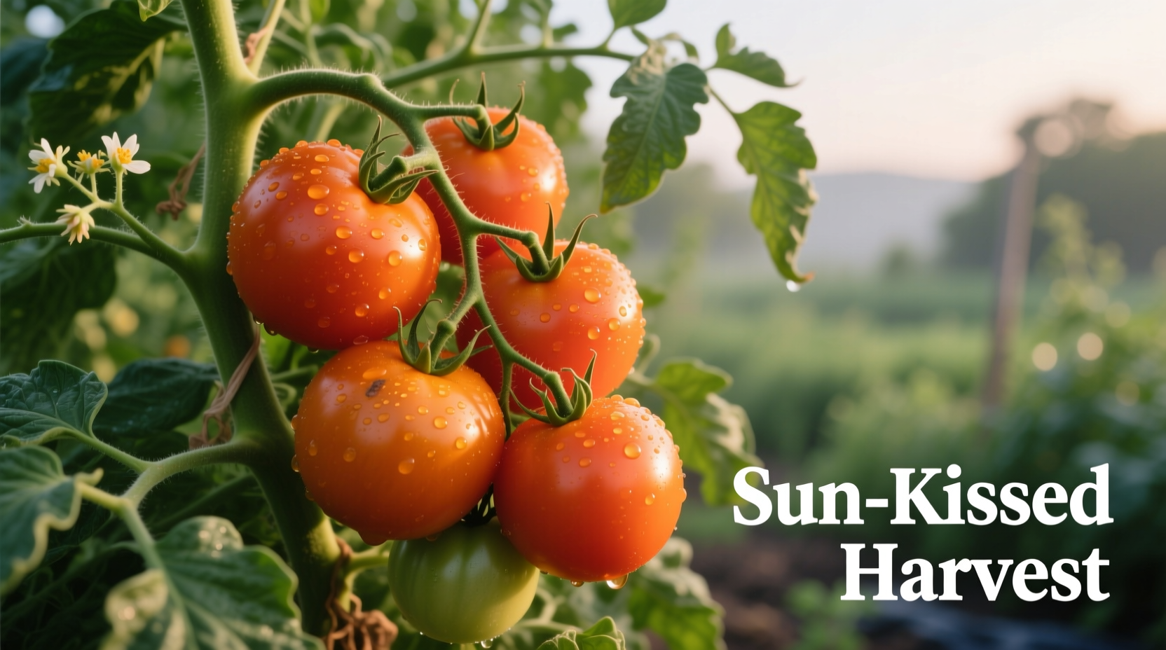 Ripe orange tomatoes on vine with green foliage