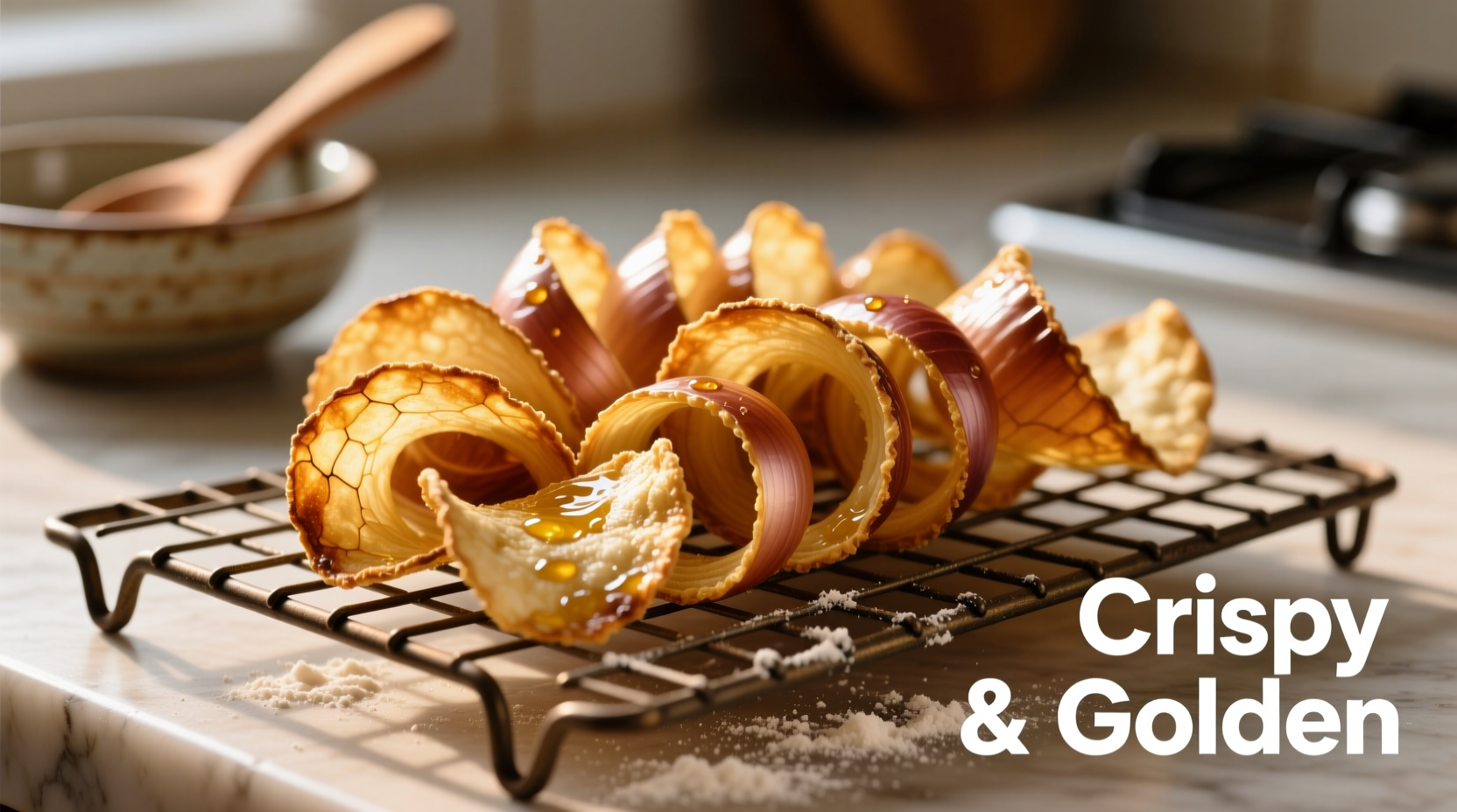 Golden brown onion crisps on wire rack