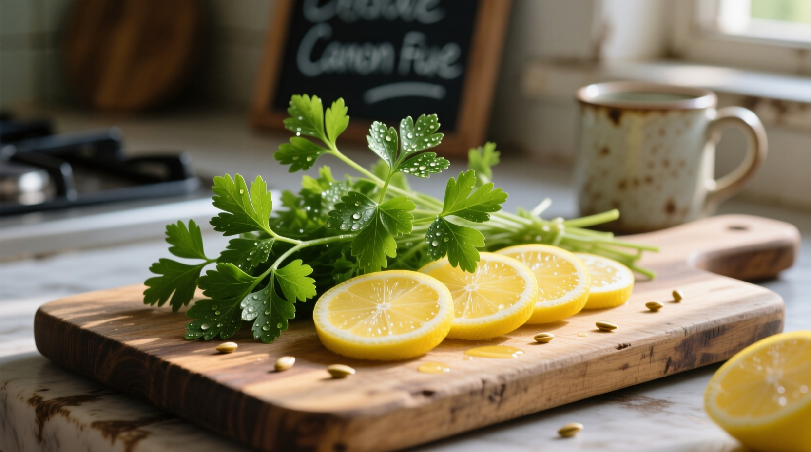 Fresh parsley and lemon slices on cutting board