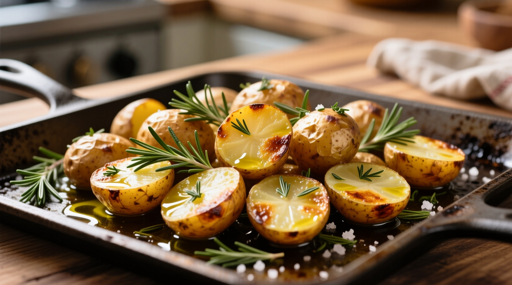 Golden roasted potatoes with herbs on baking sheet