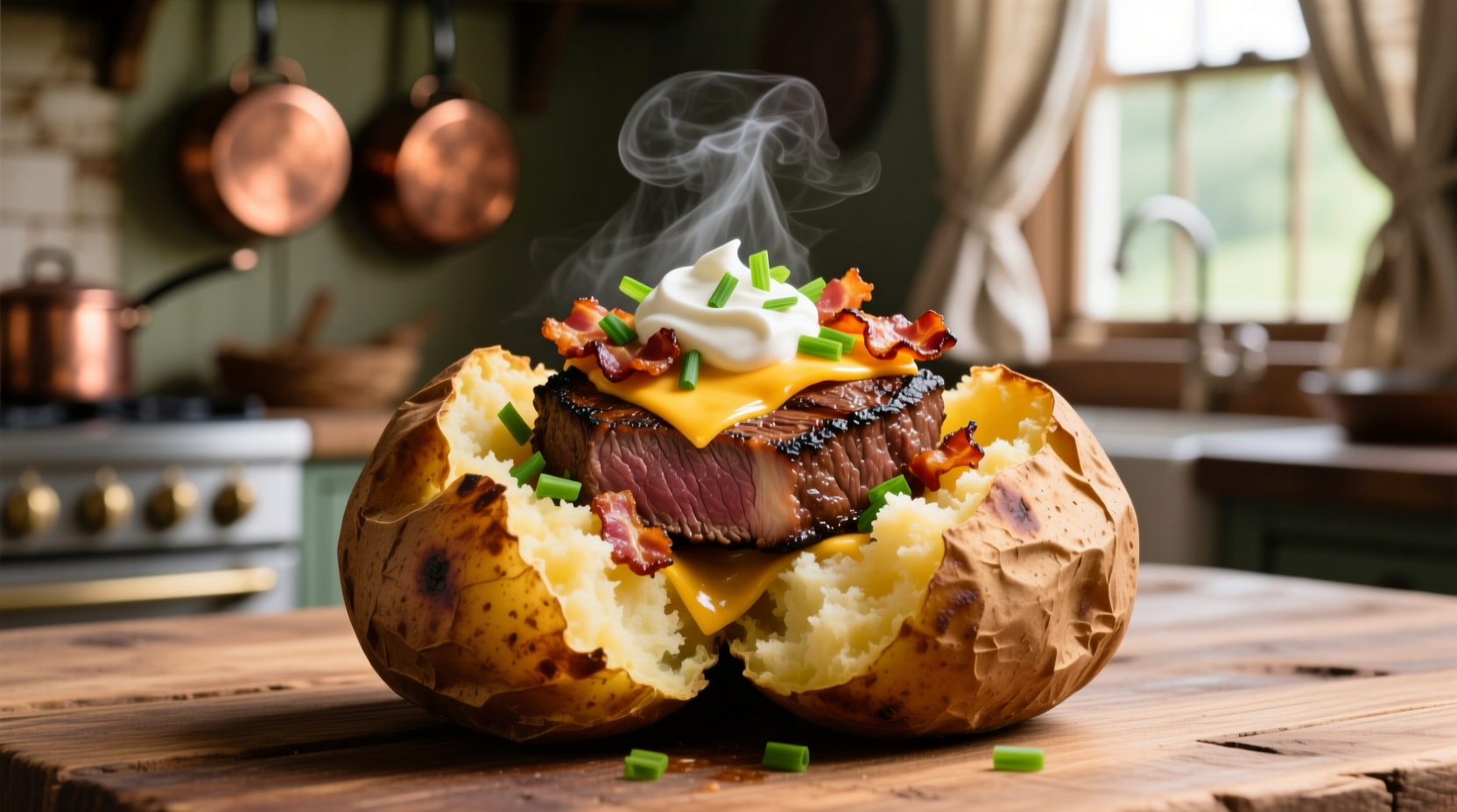 loaded baked potato with steak