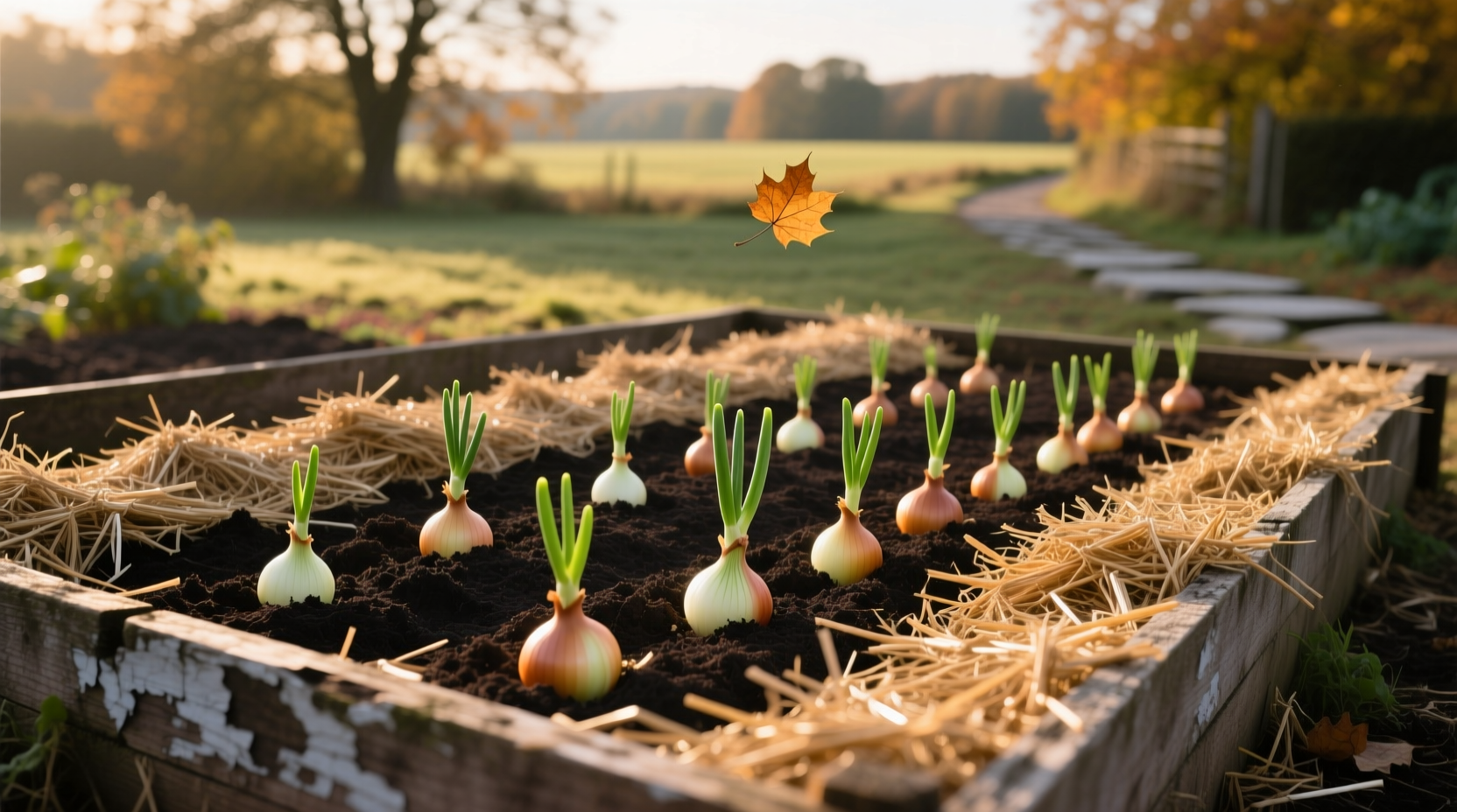 Onion sets planted in fall garden with mulch