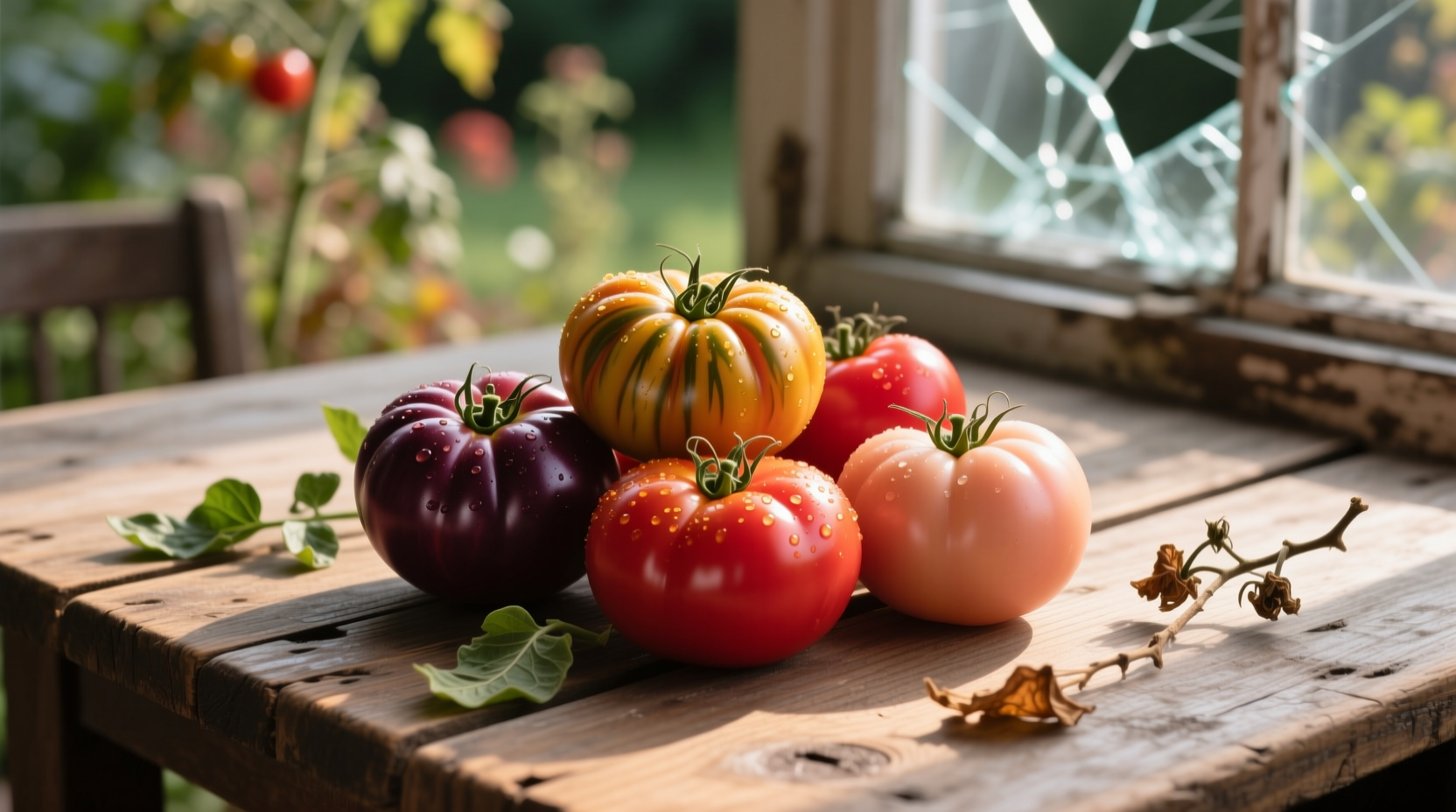 Fresh heirloom tomatoes arranged on wooden table