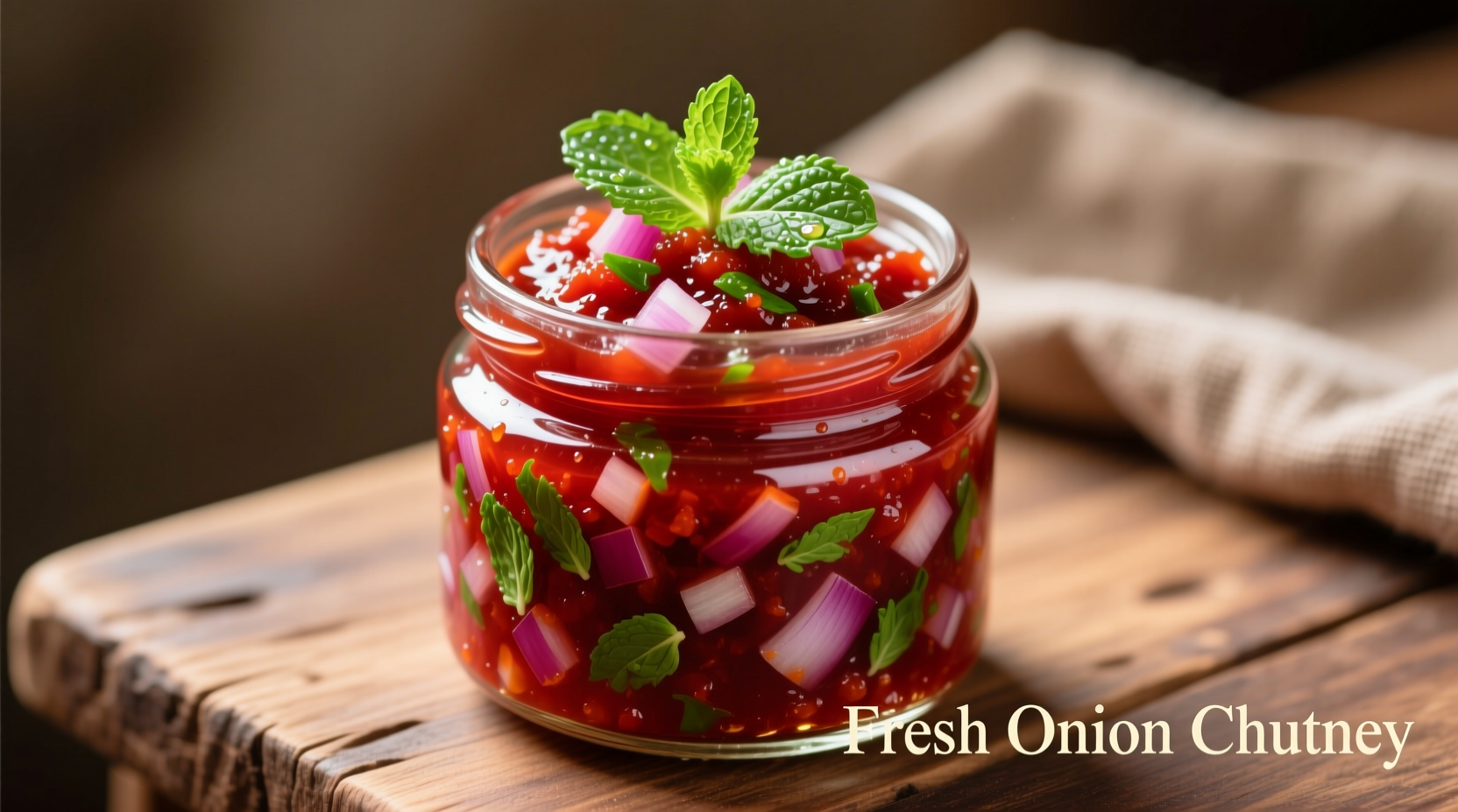 Vibrant red onion chutney in glass jar with fresh mint garnish