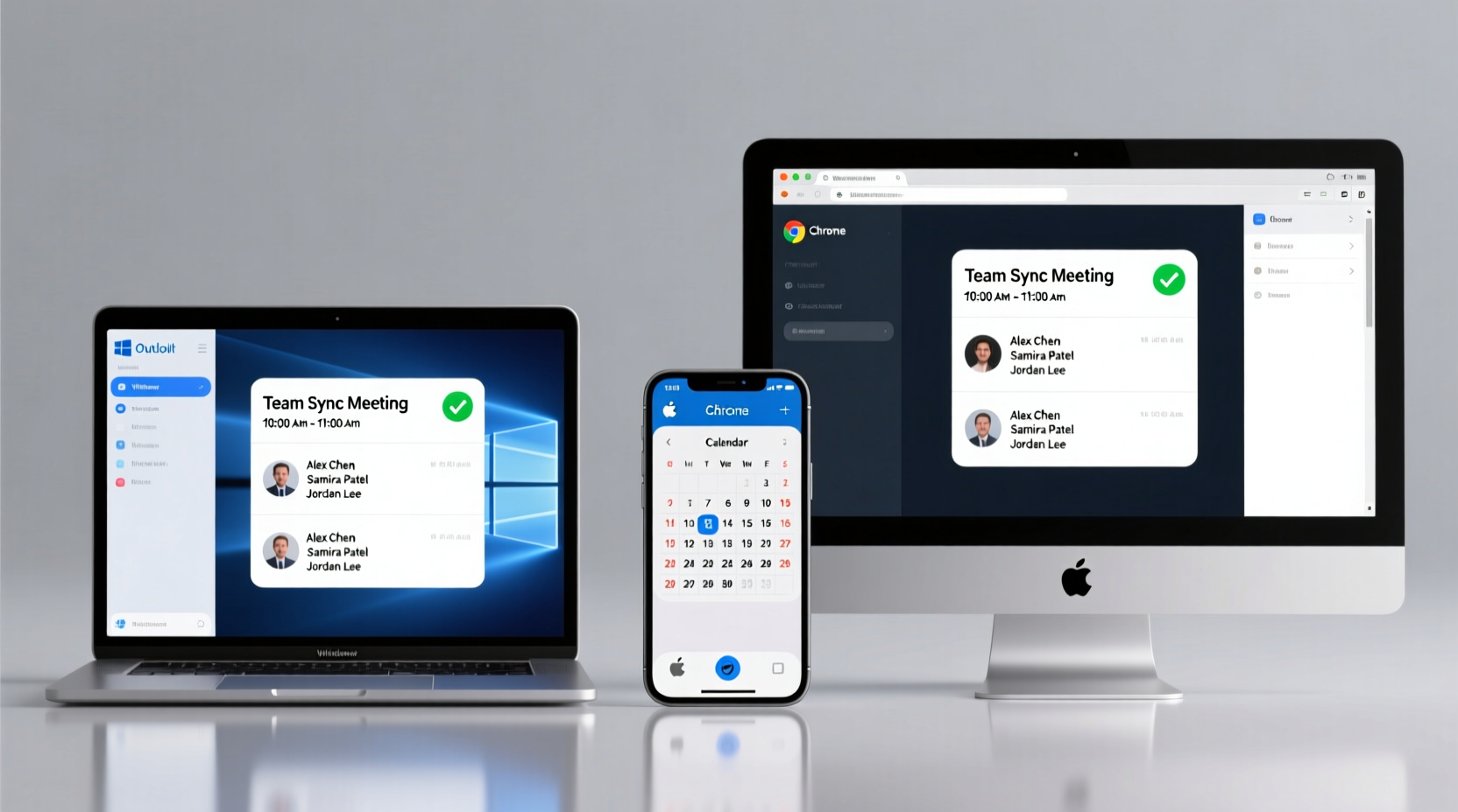 Side-by-side comparison showing three devices—Windows laptop running Outlook, iPhone displaying Calendar app, and Chrome browser on Mac—all showing identical event titles, times, and attendee lists, with subtle green checkmarks beside each