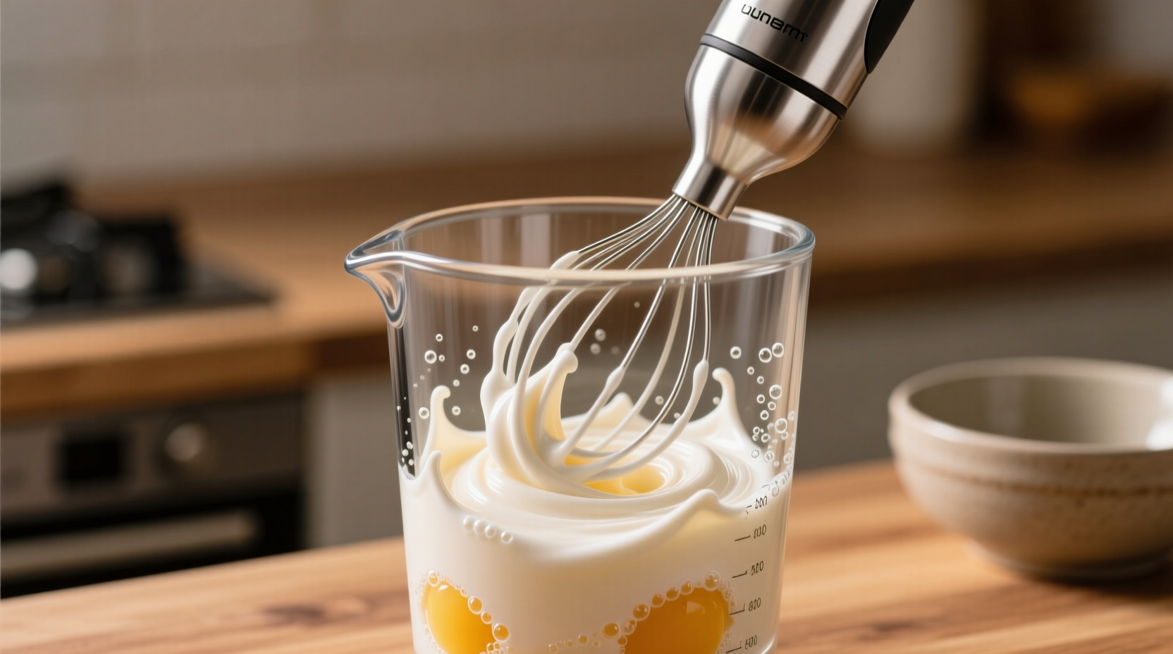 A stainless-steel immersion blender with detachable whisk attachment submerged in a narrow, heatproof glass pitcher, whipping pale, glossy egg whites with visible soft peaks forming along the sides