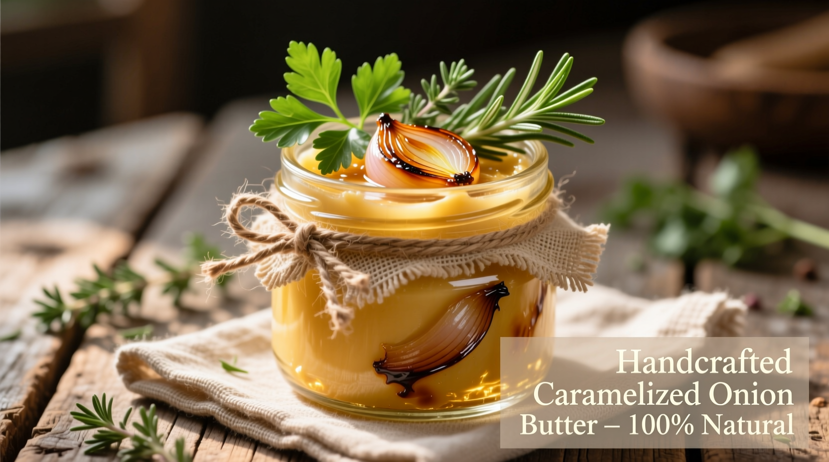 Golden caramelized onion butter in glass jar with fresh herbs