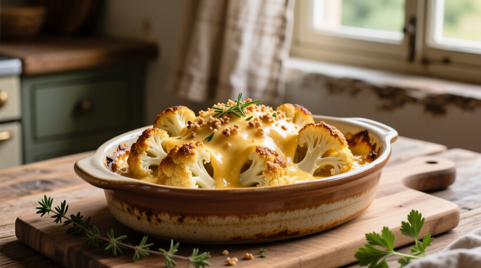 Golden brown cauliflower au gratin in ceramic dish
