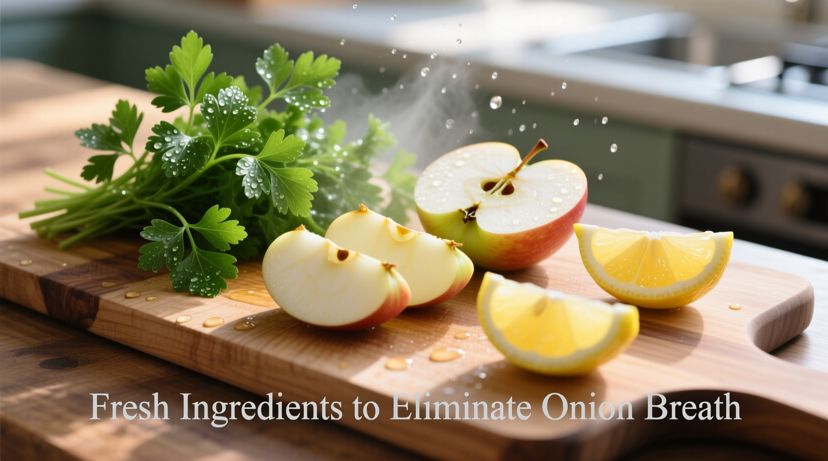 Fresh parsley, apple slices, and lemon for eliminating onion breath