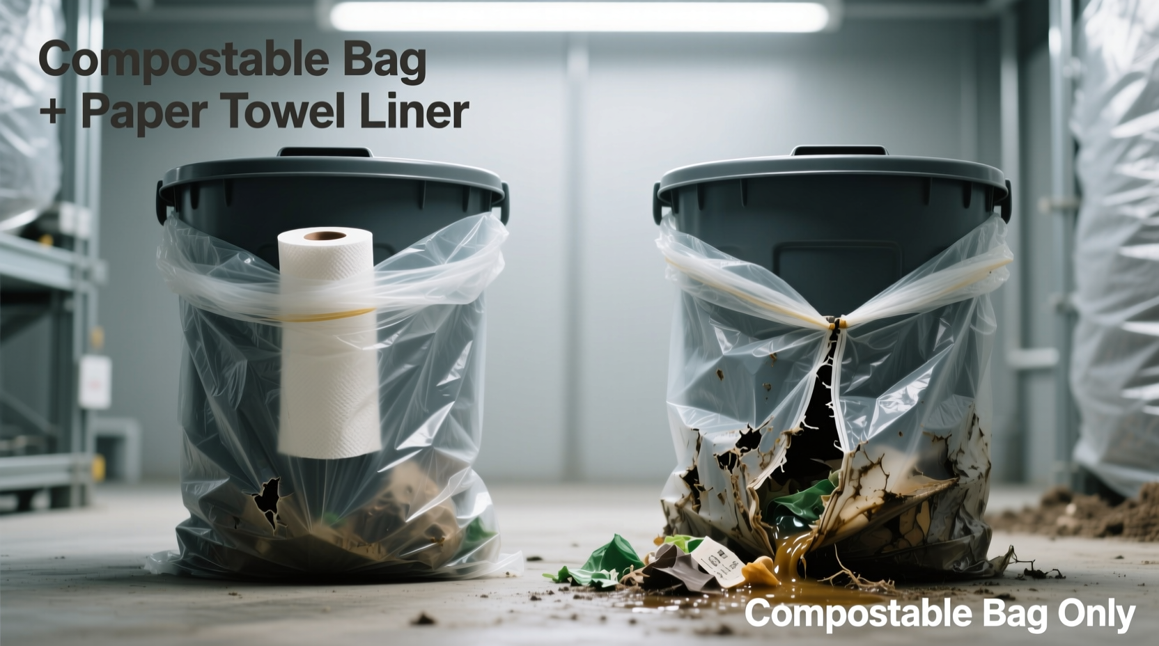 Side-by-side comparison showing a compostable trash bag intact after 72 hours with paper towel liner versus one ruptured at the bottom seam in an identical humid bin without liner