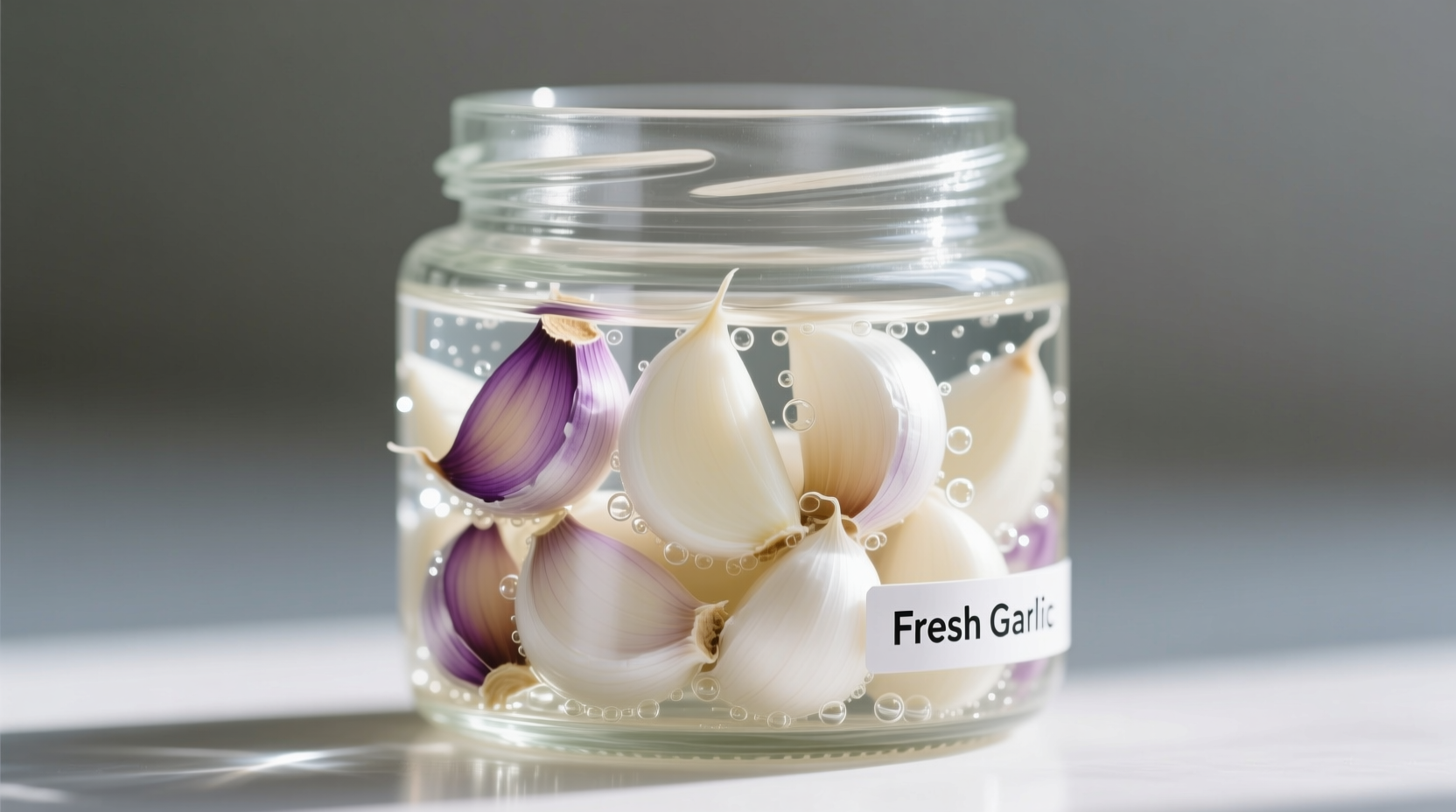 Glass jar of peeled garlic cloves in liquid