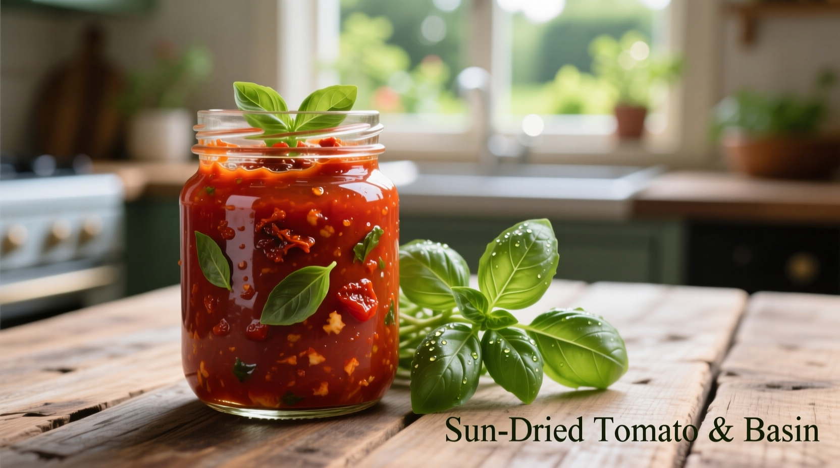 Sun-dried tomato sauce in glass jar with fresh basil
