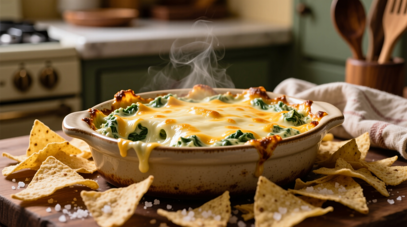 Creamy spinach artichoke dip in baking dish with tortilla chips