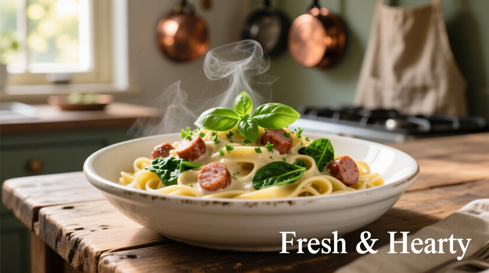 Creamy sausage spinach pasta in white bowl with fresh basil