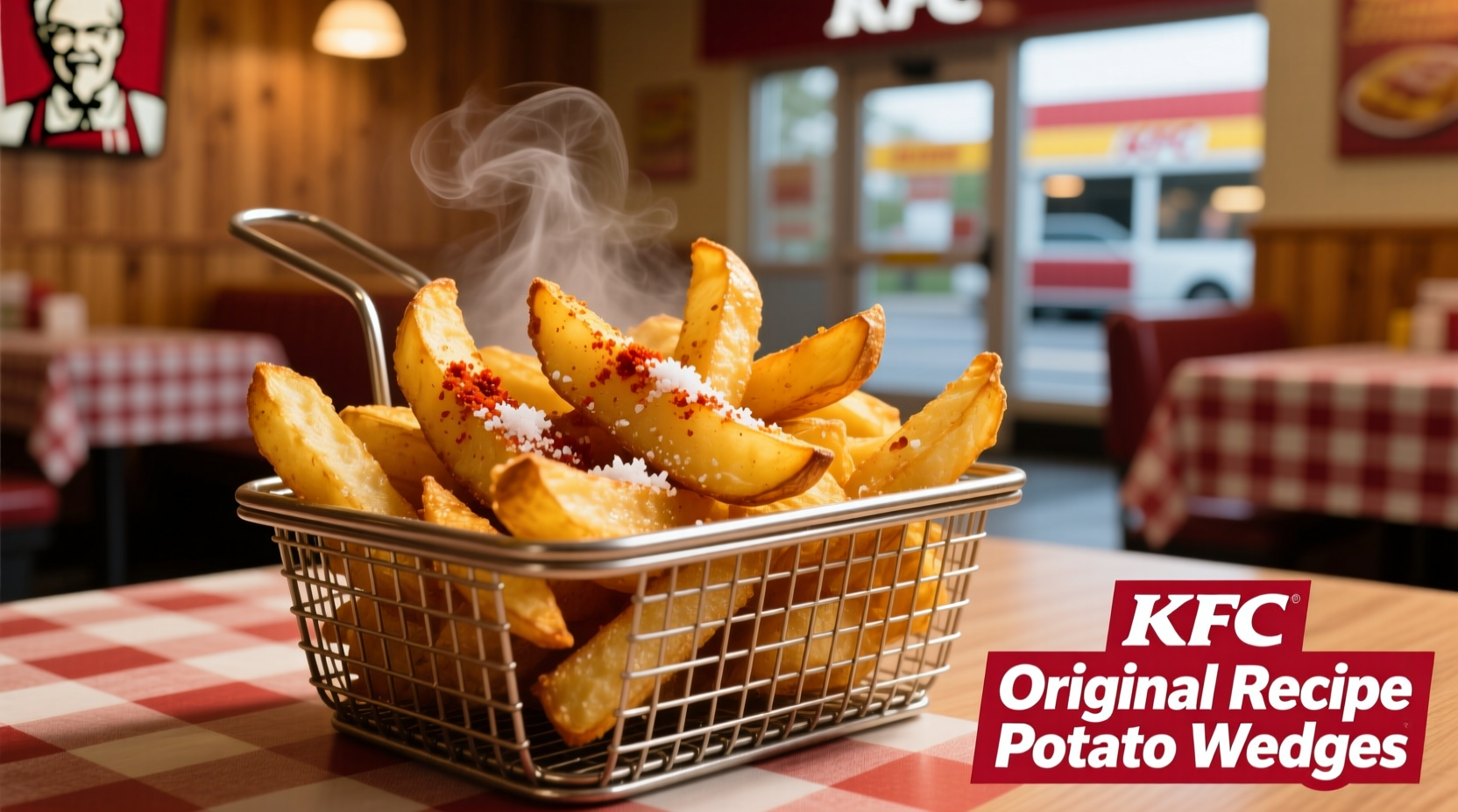 Golden brown KFC potato wedges served in a basket