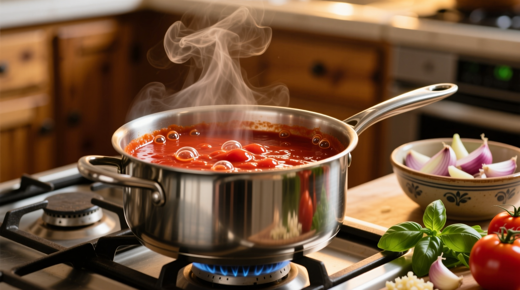 Homemade tomato sauce simmering in stainless steel pot