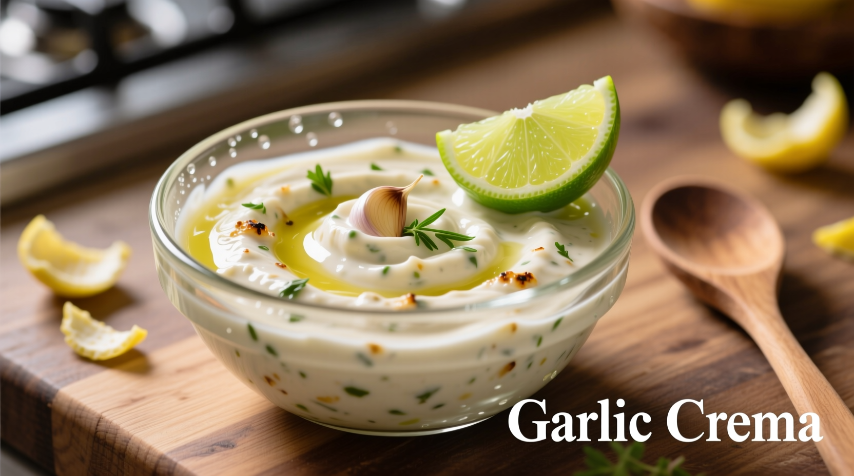 Homemade garlic crema in glass bowl with lime wedge