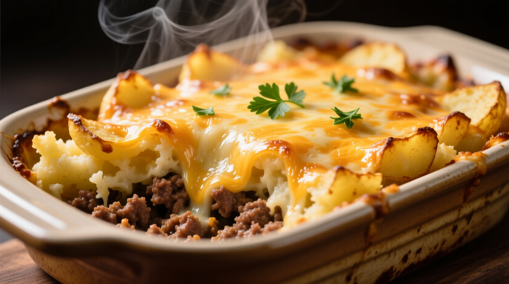 Golden baked ground beef potato casserole with melted cheese