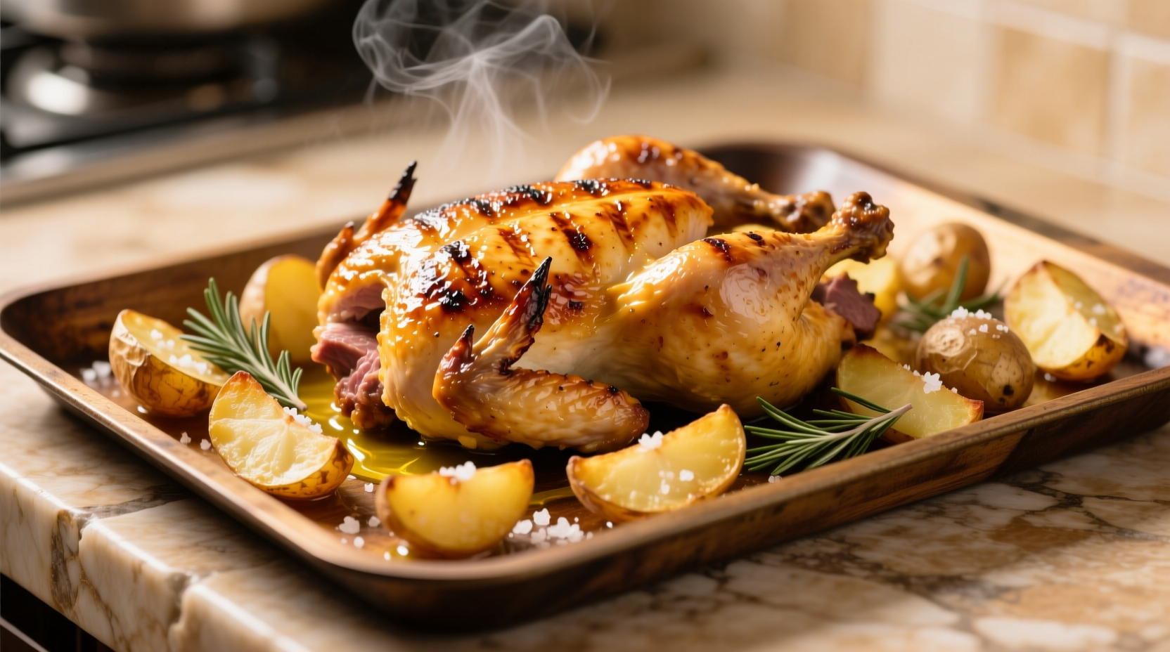 Golden roasted chicken breast with crispy potatoes on sheet pan