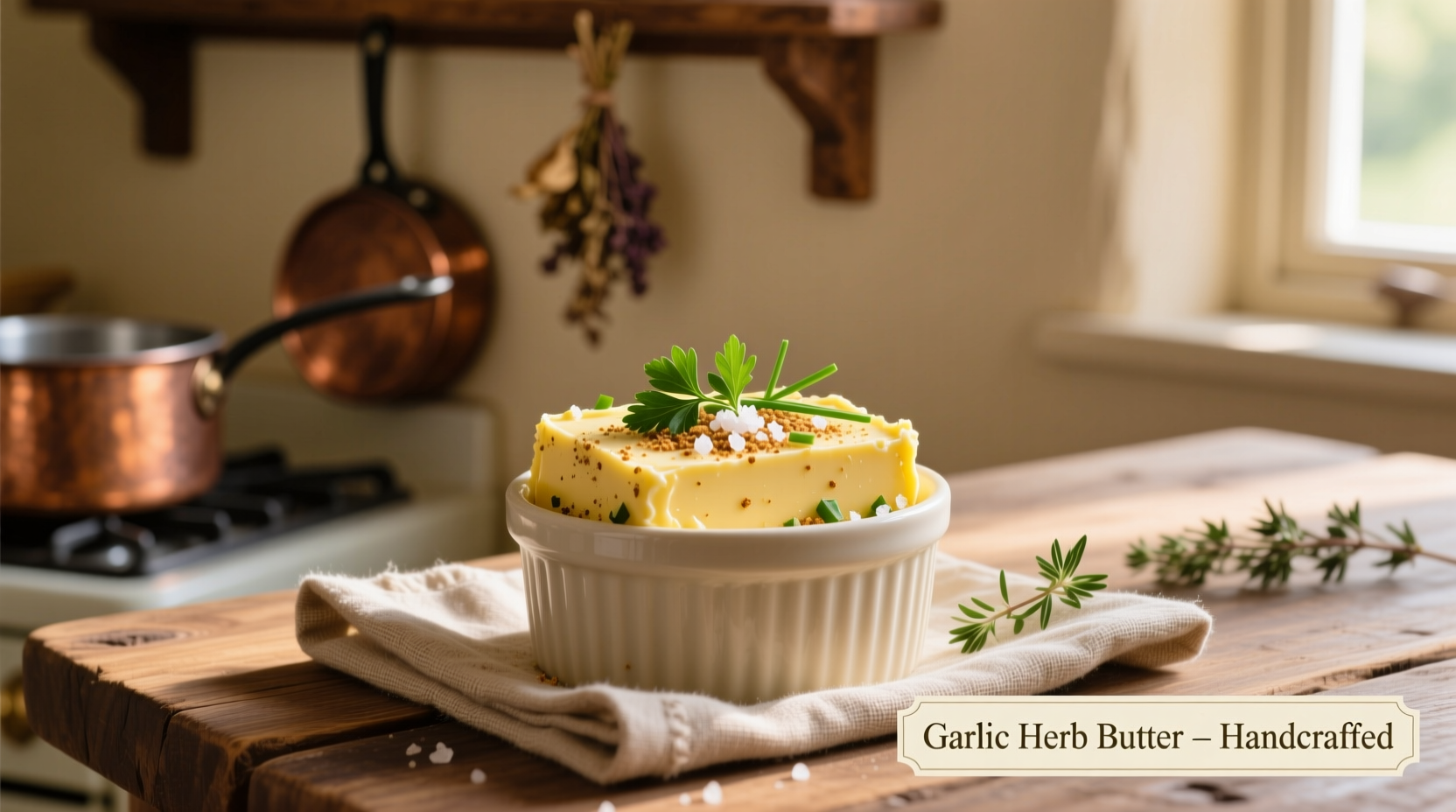 Homemade garlic powder butter in ramekin with herbs