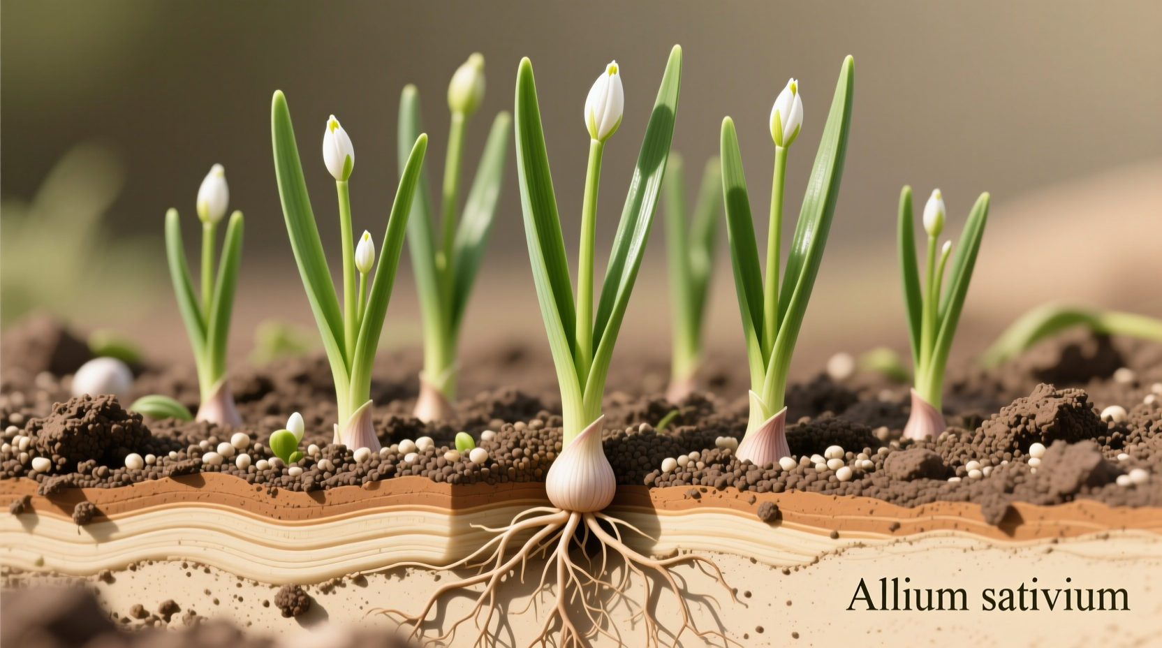 Garlic plants growing in well-drained soil with green shoots