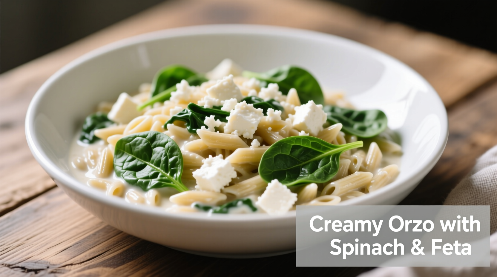 Creamy orzo with spinach and feta in white bowl