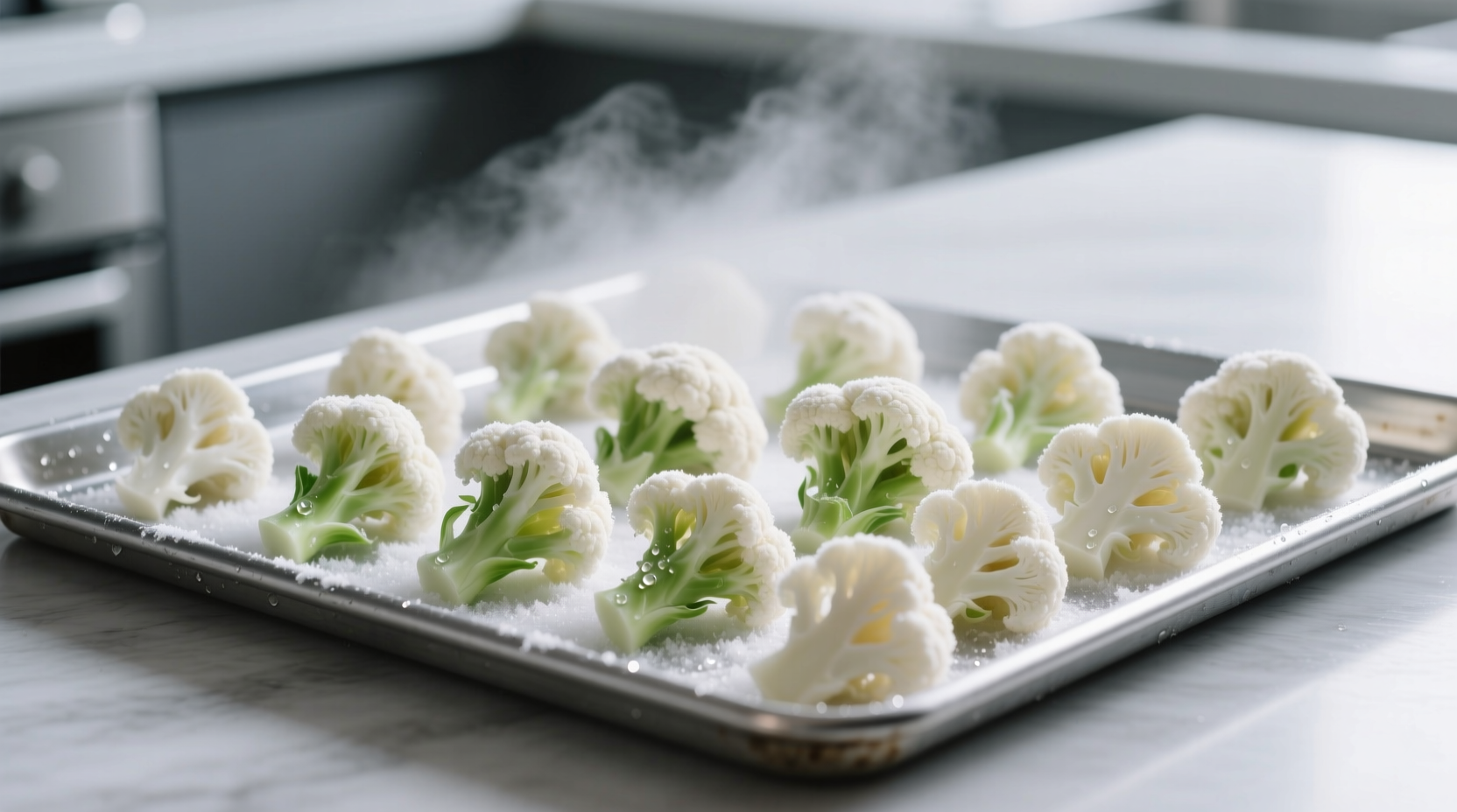 Fresh cauliflower florets on baking sheet ready for flash freezing