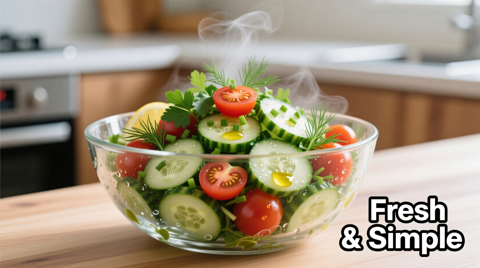 Fresh cucumber tomato salad with herbs in glass bowl