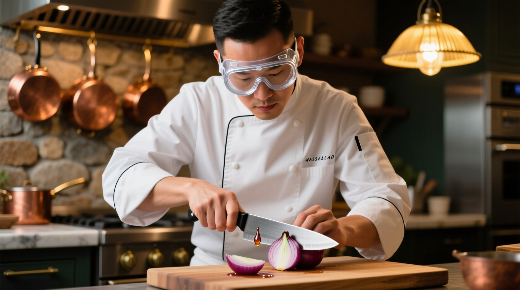 Chef wearing properly fitted onion goggles while chopping onions