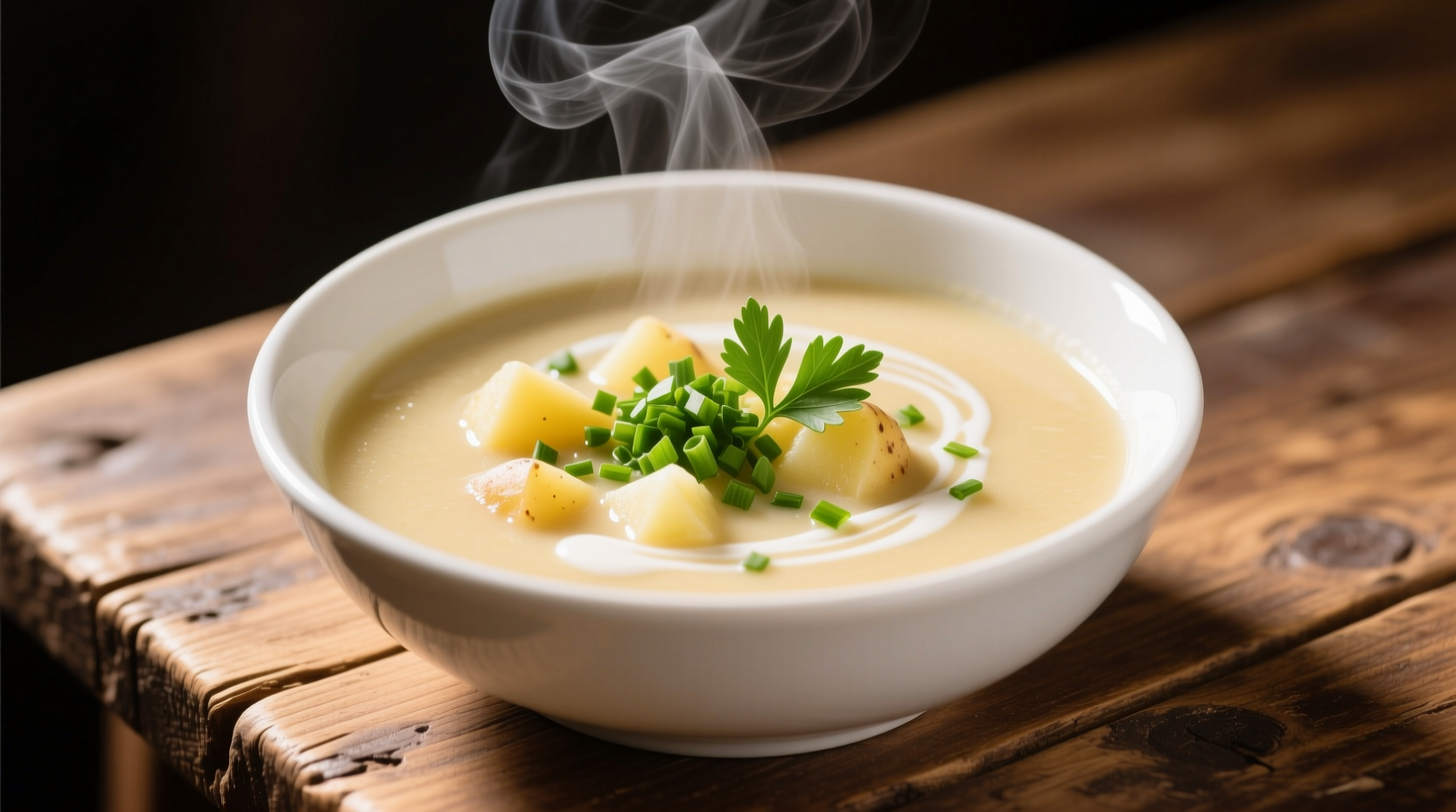 Potato soup in white bowl with fresh herbs