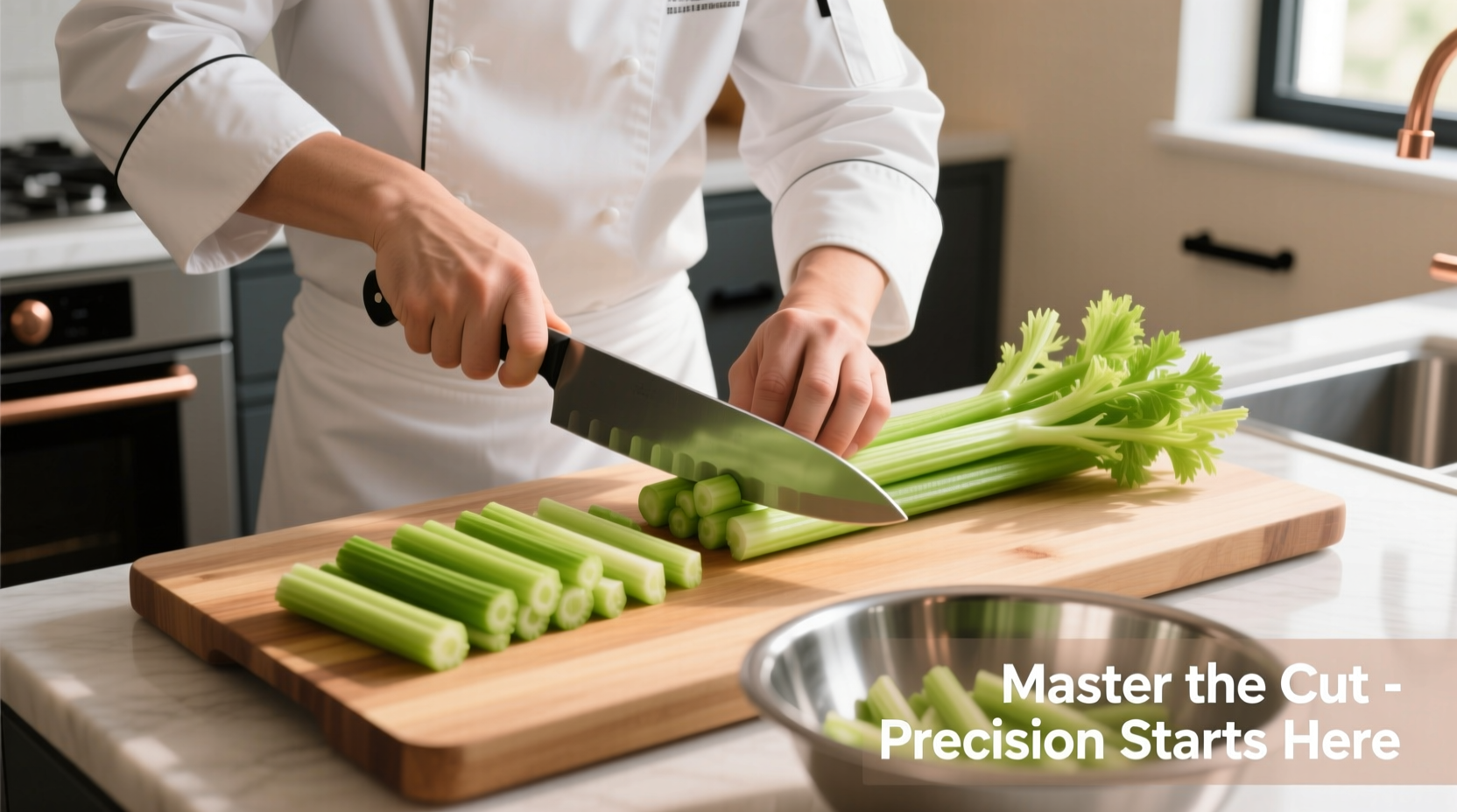 Professional chef demonstrating proper celery chopping technique