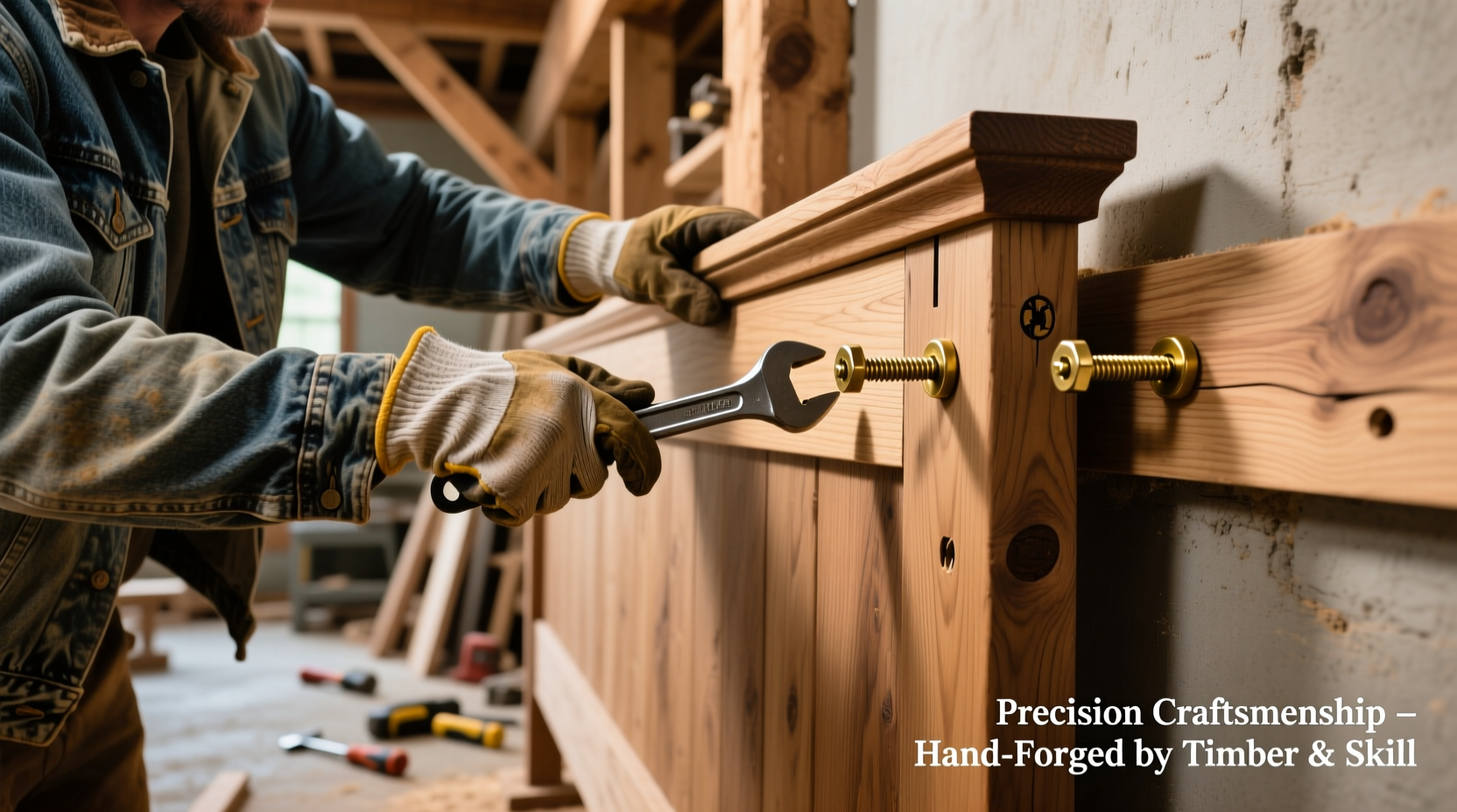 Woodworker securing headboard frame to wall studs with lag bolts